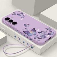 Purple Butterfly Lanyard Case For Samsung Galaxy S26 S25 S23 Ultra S23 S24 FE A57 A17 A55 A56 A37 A26 A15 A16 5G Soft TPU Cover