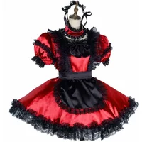 French Black Lace Trim Maid Uniforms with Apron High Neck Puff Short Sleeve Dress Lockable Satin Maid Lolita Cosplay Costumes