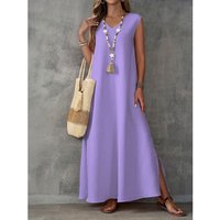 Boho Sleeveless Maxi Dress For Women Summer Casual Solid Color V-Neck Side Slit Swing Dress Beach Vacation Sundress Lady Vestido