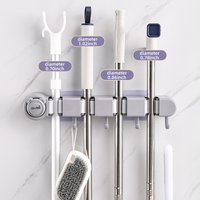 Broom Mop Holder, Wall Mounted Self-Adhesive Broom And Mop Organizer With Hooks For Bathroom Kitchen Closet Storage