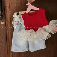 Girls' suit top vest denim straight 2026 new sleeveless summer kids boutique clothes baby clothes