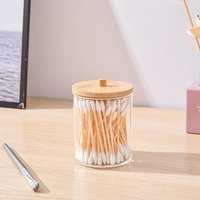 Multifunctional transparent plastic cotton swab storage box with bamboo dust cover for bathroom and vanity storage