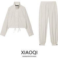 Spring 2026 Women's Plaid Nylon Long Sleeve Stand Collar Jacket And Pants Fashion Set New Arrival Winter Short Coat