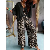 Women Big Size Leopard Pattern Casual Tracksuit Oversized Long Pants Two Piece Matching Set Daily Wear