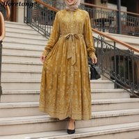 Horetong Floral Print Ruffle Stand Collar Muslim Abaya Women New Button Front Belted Tiered Loose Modest Maxi Dress Ramadan Eid