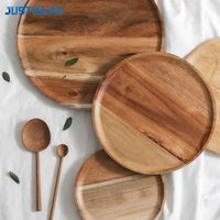JUSTINLAU 15/20/25cm Wooden Round Serving Platter Tray Retro Pizza Salad Plate Fruit Dessert Tray Bread Container Snacks Dish