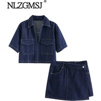 2025 Women's Fashion Flip Pocket Decoration Short Flip Collar Slim fit denim Top + Asymmetric Denim Skirt 2 Piece Set