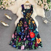 Vintage High Waist Spaghetti Strap Dress for Women Slash Neck Off Shoulder Bow Backless Floral Print Midi Long Party Vestidos
