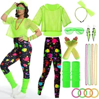 10pcs Set Women 1980s Retro Fancy Sportswear Costume Lady Hip Pop Neon Mesh T-shirt Earrings 80s Accessories Set Fitness Outfits