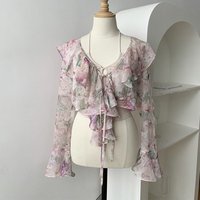 Women's New Spliced Pullover V-neck Lace-up Printed Fashionable Loose and Versatile Casual Long-sleeved Shirts