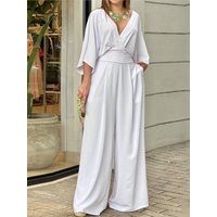 Solid Color Jumpsuits For Woman Jumpsuit Women's Clothing Temperament Simple Style Casual V-link Loose Tighten The Waist Elegant
