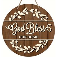 1pc Christian God Bless Our Home Sign - Rustic Farmhouse Wooden Wall Decor with Elegant Script & Leafy Wreath Design, Indoor/Out