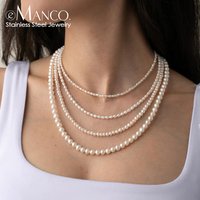 eManco New Imitation Pearl Necklaces Round Multi Size White Pearl Stainless Steel Necklace Women's Collarbone Chain