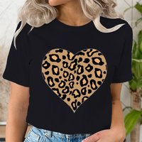 Vintage Leopard Print Heart Pattern Women T Shirts Casual Fashion Love Graphics Shirt Korean Ulzzang Short Sleeve T Shirt Femme