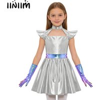 Girls Alien Cosplay Costume Outer Space Dress Metallic Back Zipper Ruffled Robot Astronaut Robot Tutu Dress with 1 Pair Gloves
