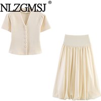 NLZGMSJ 2026 Spring Knitted Women Sets Slim Sweater Cardigan Ruffles Crop Top Splicing Long Skirt Suits Y2K