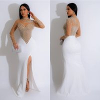 Women Dress Floor Length Dresses Mock Neck Mesh Diamond Slim Bodycon Sheath Splice Hot Drilling Elegant Gown Sexy Vestidos 2024