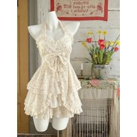 Kawaii Sweet Y2K Halter Cami Women Vintage Lolita Ruffle Mini Dress Japanese Style Casual Daily Street Party Fashion Outfit