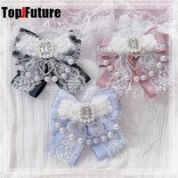 Subculture Gothic Lolita Hair clips Y2K girl Harajuku women string of pearls bow Woolen lace headdress punk brooch Hairgrips