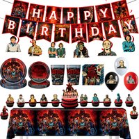 Horror Movie Demogorgon&Flower Kids Birthday Party Decoration, Disposable Tableware Tablecloth Balloon Flag Party Supplies