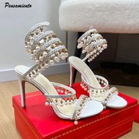 Luxury Rhinestones Pearls Tassels Women Gladiator Sandals Sexy Snake Ankle Strap Satin High heels Summer Banquet Wedding Shoes