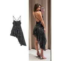 TFMLN Women Halter Collar Dress Dot Sexy Cross Halter Backless Sling Dress Vintage Chic Irregular Fold Party Holiday Outfit