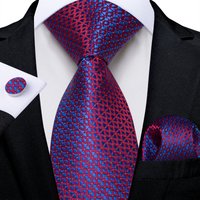 Red Blue Plaid 8cm Men's Silk Tie Set Pocket Square Cufflinks GIft Set for Groom Wedding Party Accessories Necktie Wholesale