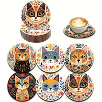 6pcs Cat Series Wooden Coasters, Heat Insulated Pads for Coffee Drinks, Ideal for Home Office Bar Holiday Gatherings
