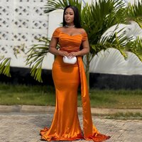 Orange Mermaid Bridesmaid Dresses 2026 Off Shoulder Sweep Train Pleats Wedding Guest Party Maid of Honor Gowns Customized