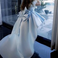 Lovely Blue Flower Girl Dress Pearl Beading Stones Top with Puffy Skirt Party Toddler Dresses Big Bow Hi-low Long Train Ball