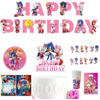 NEW Pink Sonic Game Themed Party Tableware Set Paper Plates Paper Cups Shadow Movable Doll Banners Cake Toppers Toys Kids' Gift