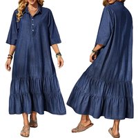Women's Loose Dress Short Sleeved Denim Casual Midi Dress Blue Color Block Design