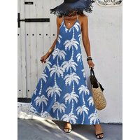 Printed Design Women's Blue Coconut Palm Print Halter Sleeveless Maxi Dress