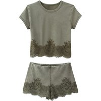 2026 New Arrival Sage Green Lace Trim 2 Piece Outfit Women Round Neck Short Sleeve Crop Top & Casual Shorts Summer Vacation