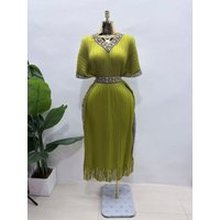Miyake Summer New V-neck Bat Sleeve Dress Fashion Temperament Long Dress Waist Elegant Dress Women's Clothing