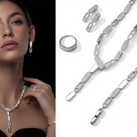 Luxury 4Pcs Silver Plated CZ Cuban Link Jewelry Set - Necklace Bracelet Ring Earrings for Women Party & Daily Wear