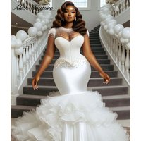 Exquisite Satin Luxury Women Mermaid Wedding Dress 2024 Bridal Gowns Bead Crystals Pearls Ruffles Vestido De Novia Customized