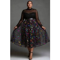 Plus Size Party Tulle Multicolor Mock Neck Long Sleeve See Through Elegant Sequin Midi Dresses