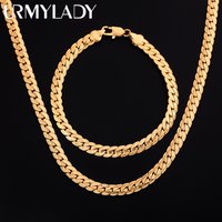 URMYLADY 925 sterling silver 18K gold color 6MM chain bracelets neckalce for women men fashion Party wedding jewelry sets gifts