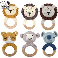 Amigurumi Cartoon Animal Baby Rattle Cute Wooden Ring Handhold Newborn Rattle Toys Handmade Pacifier Clips Kids Educational Toys