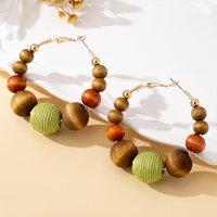 A Pair of Women's Hoop Earrings with Wooden Beads in Dopamine and Maillard Color Tones, Suitable for Everyday Wear
