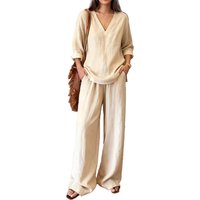 Lightweight Women Clothing Women Linen 2 Piece Set Summer V Neck Long Sleeve Shirt Wide Leg Pants Lounge Beach Vacation Outfit
