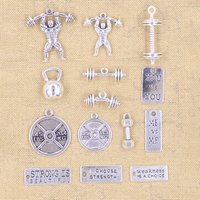 Charms Strong Muscle Men Fitness Dumbbell Barbell Antique Silver Color Pendants DIY Making Findings Handmade Tibetan Jewelry