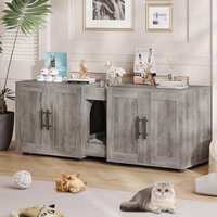55" Large Cat Litter Box Enclosure for 2 Cats,Hidden Litter Box Furniture with Barn Doors,Double Room Wood Cat Washroom Bench