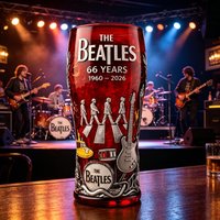 The Beatles 66 Years Anniversary Glass Mug Embossed Yellow Submarine & Guitar Pattern Collector's Edition Rock Band Drinkware