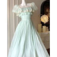Mint Lemon Girl Feel Square Collar Long Dress High Waist A-Line Dress French Style Bubble Sleeve Polyester Fiber Short ...
