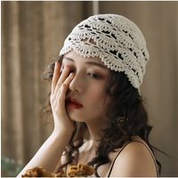 Women's Crochet Cotton Hat - Handmade Lace Breathable Kerchief, Spring Summer Thin Cap, Floral Hollow Design, Fashion Toe Headwe