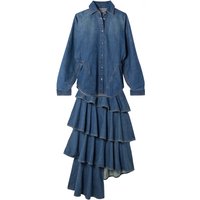 Fashionable Shoulder Pad Shirt Open Seam Waist Cinched Fish Tail Skirt Asymmetric Oversized mid Length Breathable Button up Set