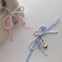 Lattice Ribbon Bowknot Pearls Bag Pendant Charm Heart Keychain Elegant Beaded Keyring Sweet Key Chain Phone Key Bag Hangings