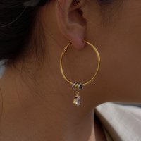 Stainless Steel Two Tone Hoop Earrings with Zircon Pendant Large Circle Dangle Earrings Fashion Jewelry for Women Party Gift